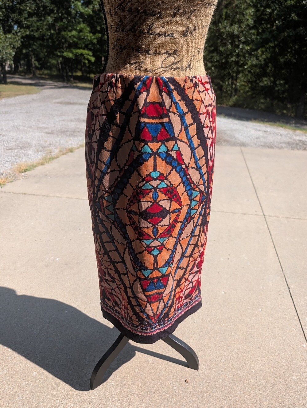 Ice Multicolor Geometric Pencil Skirt in Tan, Blue & Red
